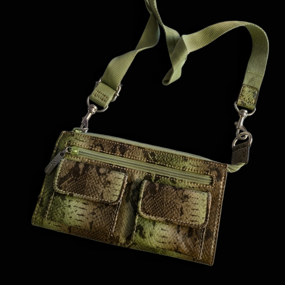 Nine & Co. Small Green and Brown Snake Print Crossbody Bag.